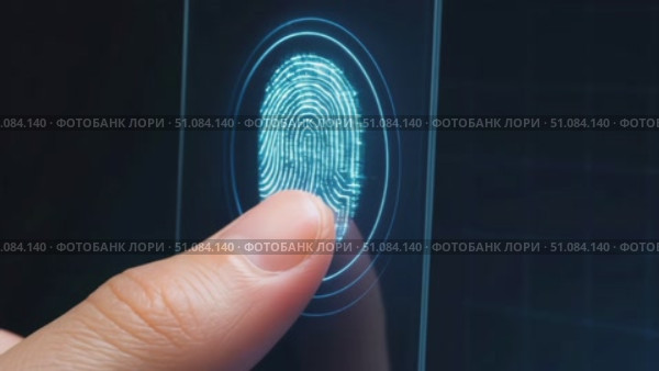 A close-up of a human finger touching a digital screen displaying a fingerprint scanner. The scene emphasizes technology and security features. Стоковое AI-видео, аниматор Nart / Фотобанк Лори