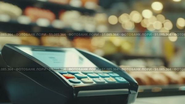 A close-up of a payment terminal in a retail store. The terminal displays a transaction screen with a hand holding a credit card above it. Blurred background of products. Стоковое AI-видео, аниматор Nart / Фотобанк Лори