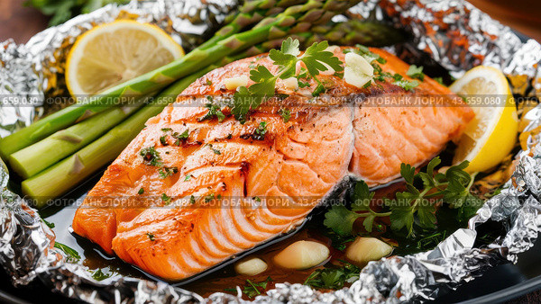 A close up of a piece of salmon with asparagus and lemon, AI. Стоковое AI-изображение, AI-художник Сергей Старуш / Фотобанк Лори