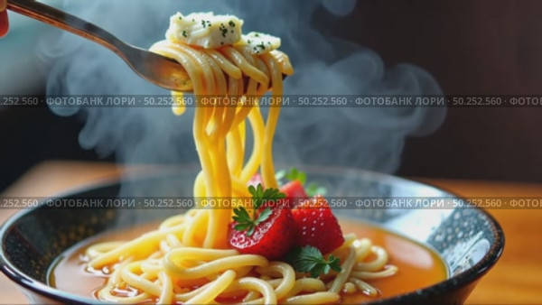 A close-up of a spoon dipping into a bowl of ramen topped with unexpected ingredients blue cheese, pickled strawberries. Concept of unusual food. Стоковое AI-видео, аниматор Sergey Grishin / Фотобанк Лори