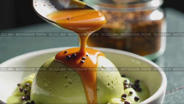 A close-up of a spoon swirling a fusion dessert miso caramel over matcha ice cream with a dusting of black sesame seeds, concept of unusual meal and food. Стоковое AI-видео, аниматор Sergey Grishin / Фотобанк Лори