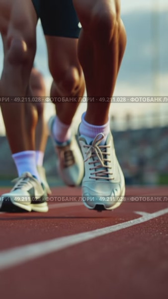 A close-up of a sprinter's feet on starting blocks, their muscles tense and ready, the stadium lights reflecting off their polishes legs. Стоковое AI-видео, аниматор Sergey Grishin / Фотобанк Лори
