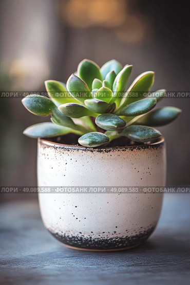 A close-up of a succulent plant in a white ceramic pot, with green leaves and a smooth, modern design. Стоковое AI-изображение, AI-художник Катерина Бондарец / Фотобанк Лори