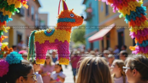 A close-up of a vibrant pinata hanging under a festive arch, decorated with colorful papel picado, as children gather around. Cinco de Mayo. Independence Day. Fiesta and festival vibes. Стоковое AI-видео, аниматор Sergey Grishin / Фотобанк Лори