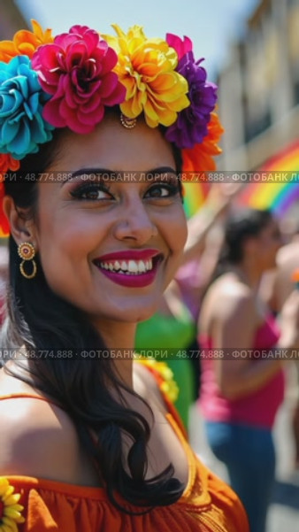 A close-up of a woman face adorned with a traditional Mexican floral crown, her expression filled with pride as she dances during Cinco de Mayo, Independence Day, Fiesta and festival. Стоковое AI-видео, аниматор Sergey Grishin / Фотобанк Лори