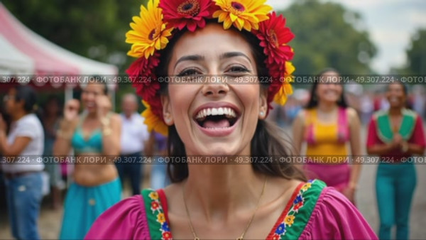 A close-up of a woman face adorned with a traditional Mexican floral crown, her expression filled with pride as she dances during Cinco de Mayo, Independence Day, Fiesta and festival. Стоковое AI-видео, аниматор Sergey Grishin / Фотобанк Лори
