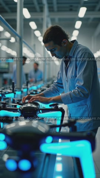 A close-up of a worker assembling a drone on a high-tech production line, with neon blue accents and sleek machinery in the background. Стоковое AI-видео, аниматор Sergey Grishin / Фотобанк Лори