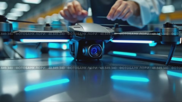 A close-up of a worker assembling a drone on a high-tech production line, with neon blue accents and sleek machinery in the background. Стоковое AI-видео, аниматор Sergey Grishin / Фотобанк Лори