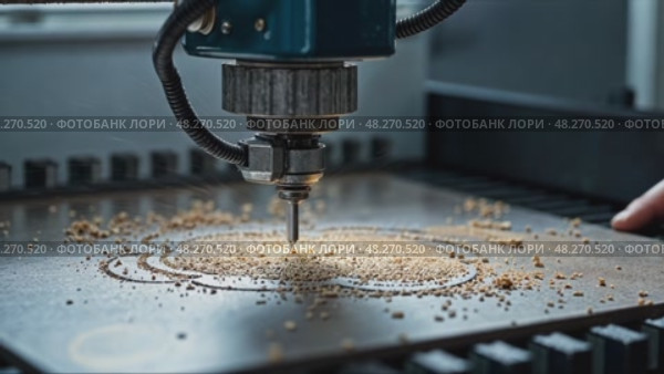 A close-up of a worker's hands operating a CNC machine, metal shavings scattering as the machine carves a precise design under control of operator. Стоковое AI-видео, аниматор Sergey Grishin / Фотобанк Лори