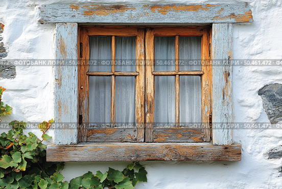A close-up of an old wooden window with peeling paint in the frame, installed in a white stone wall. The window consists of two sashes with vertical and horizontal sashes, behind which light translucent curtains are visible. In the lower corner of the frame, climbing grapes grow, giving the scene a cozy and rustic charm. The atmosphere of the image conveys a sense of peace, antiquity and rural coziness. Suitable for themes of architecture, rustic style, vintage decor and the history of everyday life. Стоковое AI-изображение, AI-художник Анна Кривицкая / Фотобанк Лори