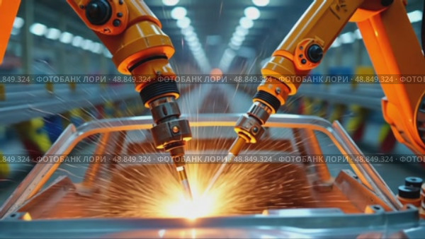 A close-up of robotic arms welding car frames in an automotive factory, sparks flying as orange light reflects off metallic surface. Стоковое AI-видео, аниматор Sergey Grishin / Фотобанк Лори