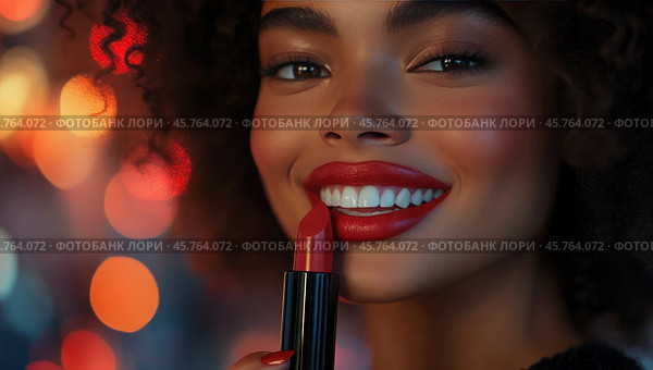 A close-up of the lower part of the beautiful tanned face of a mulatto woman holding bright red lipstick near her full lips curved in a happy smile. Стоковое AI-изображение, AI-художник Ярославский Максим / Фотобанк Лори