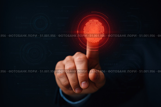 A Close-Up on Fingerprint Recognition Technology: Highlighting the Process of Biometric Authentication through a Glowing Red Fingerprint Sensor. Стоковое AI-изображение, AI-художник Башкирова Анна / Фотобанк Лори