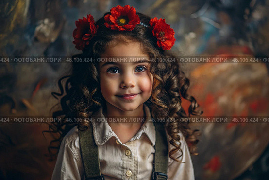 A close-up portrait of a beautiful little curly-haired dark-haired girl with a floral tiara or a wreath of red flowers on her head. Стоковое AI-изображение, AI-художник Photojuli / Фотобанк Лори