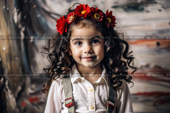 A close-up portrait of a beautiful little curly-haired dark-haired girl with a floral tiara or a wreath of red flowers on her head. Стоковое AI-изображение, AI-художник Photojuli / Фотобанк Лори