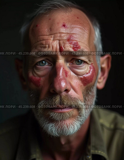 A close-up portrait of a man displaying pimple-like lesions on his face, indicative of monkeypox. His expression conveys concern about the symptoms he is experiencing. Generative AI. Стоковое AI-изображение, AI-художник Юлия Петровская / Фотобанк Лори