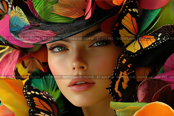 A close-up portrait of a woman with expressive green eyes, freckles and natural make-up. Her face is framed by brightly coloured fabric petals and real butterflies, creating the effect of a flower hat or wreath. The colour palette is rich, with shades of orange, yellow, pink, green and black predominating. Butterflies, including monarchs, add vibrancy and fantasy, giving the scene a sense of fairy tale, fashionable glamour and oneness with nature. Стоковое AI-изображение, AI-художник Анна Кривицкая / Фотобанк Лори