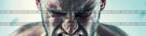 A close up shot of a man with his mouth open, revealing his teeth and tongue. He appears to be speaking or expressing surprise. Стоковое AI-изображение, AI-художник Данила Большаков / Фотобанк Лори