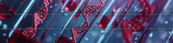A close-up shot shows glowing DNA helixes within vials, representing biotechnology research. Стоковое AI-изображение, AI-художник Данила Большаков / Фотобанк Лори
