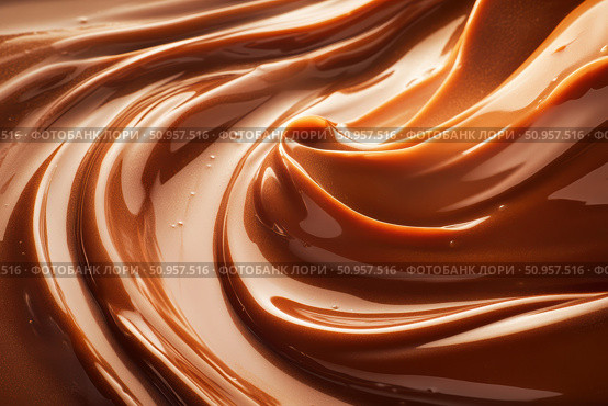 A close-up view of thick, molten milk chocolate reveals slow-moving waves with entrapped air bubbles. The luxurious, creamy texture captivates chocolate enthusiasts, showcasing its rich, decadent allure. Стоковое AI-изображение, AI-художник Nart / Фотобанк Лори