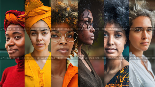 A collage displaying a group of women showcasing a range of diverse hairstyles, from short pixie cuts to long flowing locks, highlighting hair diversity. Стоковое AI-изображение, AI-художник Данила Большаков / Фотобанк Лори