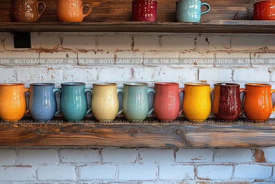 A collection of ceramic mugs arranged on wooden shelves against a white brick wall. The mugs come in a variety of colors, from pastel blues and creams to rich reds, yellows and oranges. Their surfaces are covered with small dark specks, giving a handmade effect. The atmosphere is cozy and vintage, with warm rustic notes. Стоковое AI-изображение, AI-художник Анна Кривицкая / Фотобанк Лори