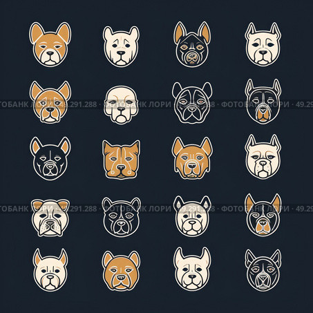 A collection of multiple dog heads captured against a black backdrop, showcasing different breeds and expressions. Стоковое AI-изображение, AI-художник Данила Большаков / Фотобанк Лори