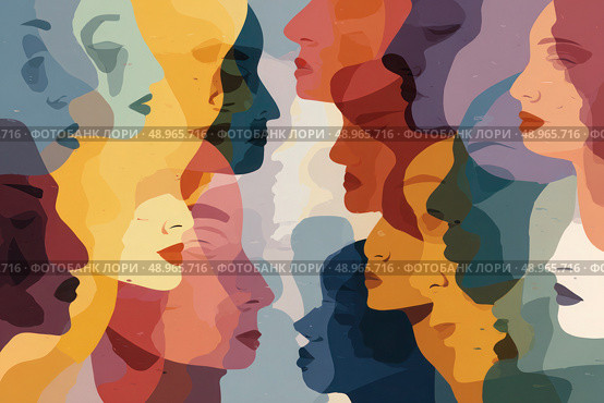 A colorful collage of faces with a message of unity and diversity. Стоковое AI-изображение, AI-художник Ярославский Максим / Фотобанк Лори