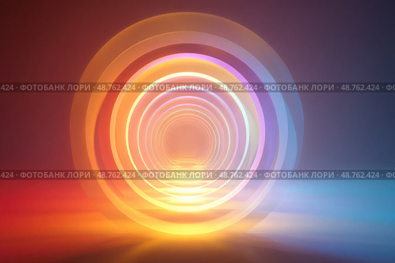 A colorful, glowing circle with a tunnel in the middle. Стоковое AI-изображение, AI-художник Ярославский Максим / Фотобанк Лори