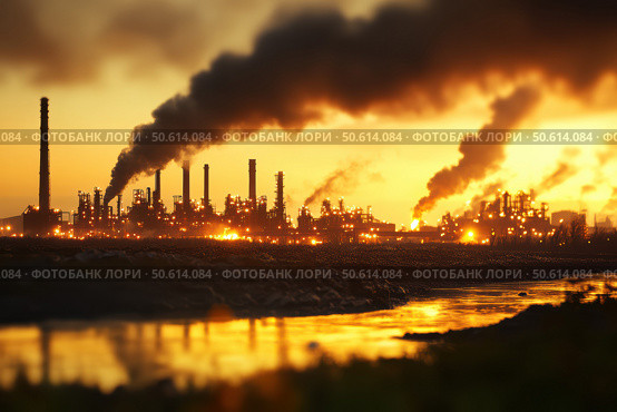 A colossal steel refinery with glowing molten metal furnaces emits massive plumes of smoke. This industrial landscape showcases a dramatic scene of metal production and pollution. Стоковое AI-изображение, AI-художник Nart / Фотобанк Лори