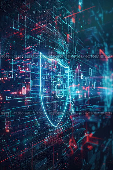 A computer screen displaying a shield symbol, representing security measures put in place to protect digital information from unauthorized access. Стоковое AI-изображение, AI-художник Данила Большаков / Фотобанк Лори