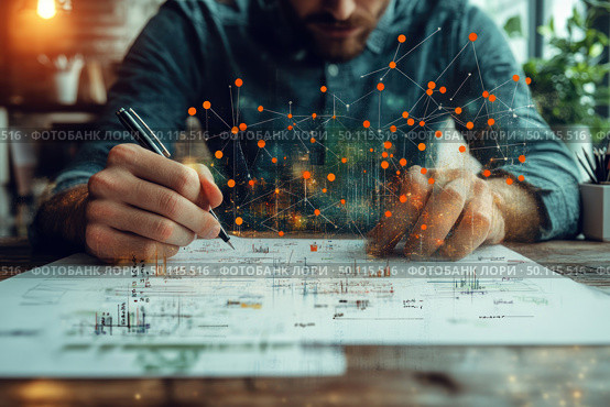 A contemporary conceptual image that combines reality and digital visualization. In the foreground, a man writes or draws on paper, concentrating on a project. An abstract visualization of a data network is superimposed on the scene - orange dots connected by lines symbolize information flows, neural networks or data processing technologies. The atmosphere emphasizes the synergy of engineering and digital technologies, ideal for themes of artificial intelligence, analytics, design and scientific research. Стоковое AI-изображение, AI-художник Анна Кривицкая / Фотобанк Лори