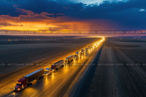 A convoy of massive semi-trucks travels closely together on a highway. The impressive scene unfolds under a dramatic dusk sky, highlighting the significance of road freight transportation. Стоковое AI-изображение, AI-художник Nart / Фотобанк Лори