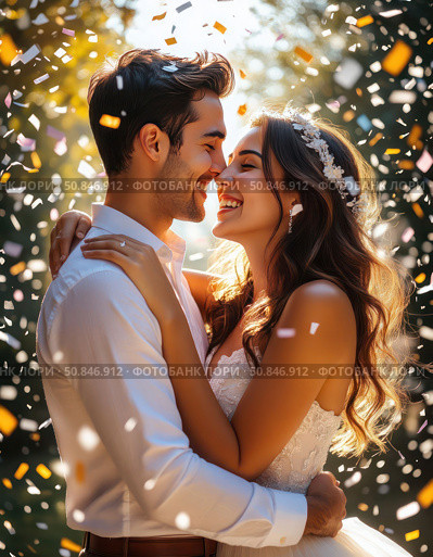 A couple is hugging and smiling in a wedding photo. Стоковое AI-изображение, AI-художник Ярославский Максим / Фотобанк Лори