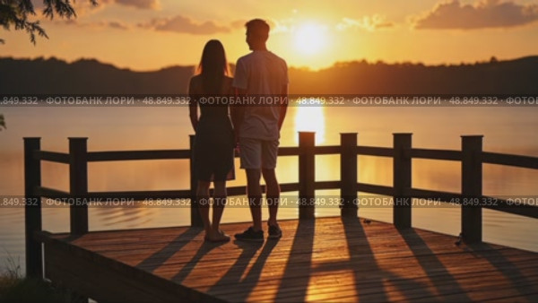 A couple sharing a quiet moment at sunset by the lake, golden light reflecting on the water, their silhouettes creating long shadows. Стоковое AI-видео, аниматор Sergey Grishin / Фотобанк Лори