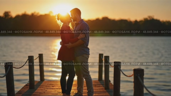 A couple sharing a quiet moment at sunset by the lake, golden light reflecting on the water, their silhouettes creating long shadows. Стоковое AI-видео, аниматор Sergey Grishin / Фотобанк Лори