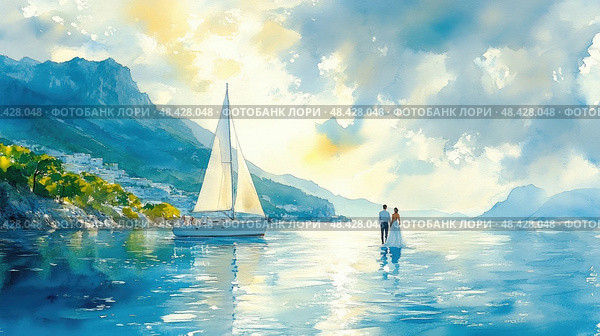 A couple strolls together on the shore, with a sailboat drifting in calm waters beneath a vibrant sky at sunset, creating a romantic atmosphere. Стоковое AI-изображение, AI-художник Данила Большаков / Фотобанк Лори