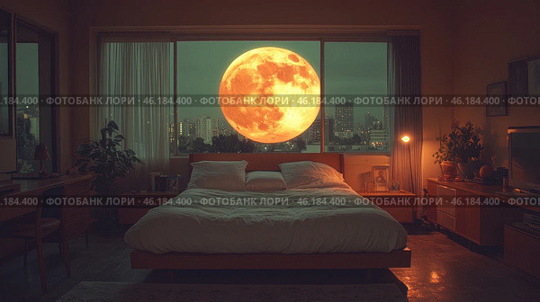 A cozy bedroom in soft evening light. In the center of the frame there is a large bed with white bed linen, and around it there is wooden furniture in a retro style: bedside tables, a chest of drawers, a desk. The room has live plants, photographs and decorative elements. However, the main element of the scene is the giant orange-yellow Moon, which seems to be hovering right outside the window. Behind it you can see a cityscape with high-rise buildings and burning lights, creating a contrast between reality and fantasy. The atmosphere is mysterious, romantic and a little surreal. Стоковое AI-изображение, AI-художник Анна Кривицкая / Фотобанк Лори