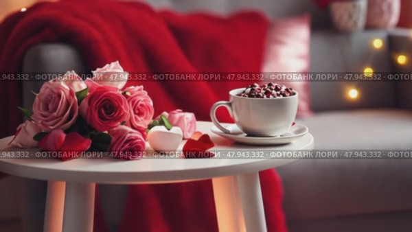 A cozy reading nook set for Valentine's Day, with a plush chair draped in a red blanket, heart-shaped fairy lights surrounding the area, and a small table with chocolates and a rose. Стоковое AI-видео, аниматор Ирина Старикова / Фотобанк Лори