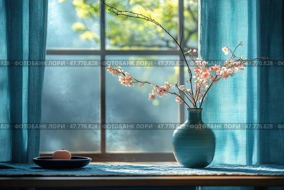 A cozy window scene with spring morning light. On the windowsill or wooden surface there is a blue ceramic vase with branches of blossoming sakura or decorative cherry blossoms. Next to it is a saucer with a small pink candle. The background is translucent blue curtains and a window, behind which you can see a blurred green garden. Warm light penetrates through the glass, creating a feeling of peace, harmony and comfort. An ideal image for interior design themes, spring, home comfort, minimalism and zen aesthetics. Стоковое AI-изображение, AI-художник Анна Кривицкая / Фотобанк Лори