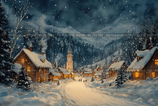 A cozy winter village in the mountains at night. Houses with lit windows, snow-covered roofs and tall fir trees create an atmosphere of coziness and celebration. In the center you can see a tall clock tower surrounded by houses. The sky is covered with snowfall, adding to the magic of a winter evening to the scene. Fluffy snow lies everywhere, and a narrow road leads deep into the village, where silhouettes of people walking along the street are visible. Стоковое AI-изображение, AI-художник Анна Кривицкая / Фотобанк Лори