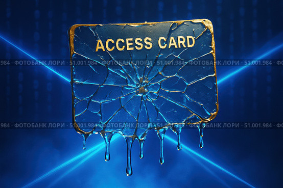 A Cracked Access Card Surrounded by Blue Light and Digital Patterns, Signifying Security Challenges and Technological Vulnerabilities in Modern Systems. Стоковое AI-изображение, AI-художник Башкирова Анна / Фотобанк Лори