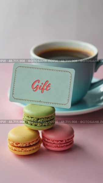 A creative shot of a gift card placed on a stack of colorful macarons, with a cup of coffee in the background. Стоковое AI-видео, аниматор Sergey Grishin / Фотобанк Лори
