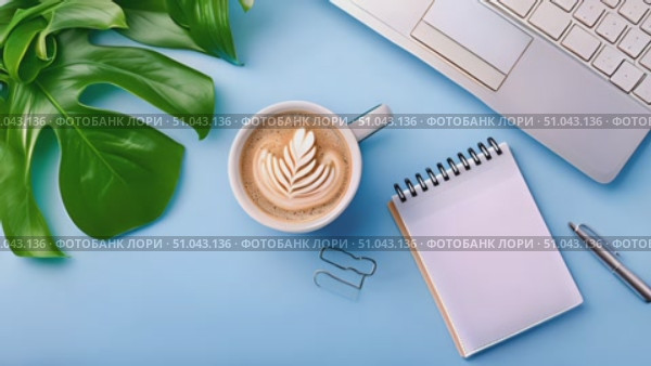 A cup of coffee and a notebook are placed on a blue surface. The steam rises from the mug, and the notebook is open with a pen next to it. Стоковое AI-видео, аниматор Данила Большаков / Фотобанк Лори