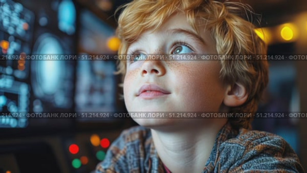 A curious boy engages with interactive displays about space exploration at a science center, learning about planets and stars through hands-on activities. Стоковое AI-видео, аниматор Данила Большаков / Фотобанк Лори