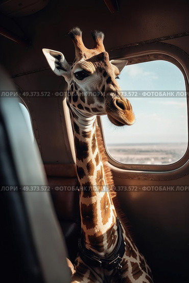 A curious giraffe is peering out the window of a flying plane, observing the landscape below. Стоковое AI-изображение, AI-художник Данила Большаков / Фотобанк Лори