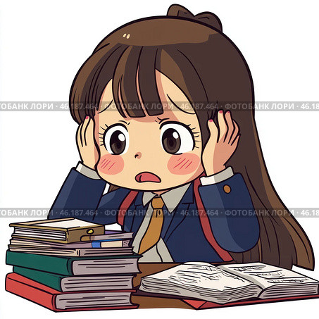 A cute animated girl sitting at a table surrounded by stacks of books. She looks worried, desperately holding her head in her hands, which indicates that she is stressed or overwhelmed. The girl's face expresses anxiety and worry, and her big eyes and rosy cheeks add extra emotion to the scene. This image can be interpreted as a moment when she feels overwhelmed by her studies or some task. Стоковое AI-изображение, AI-художник Анна Кривицкая / Фотобанк Лори