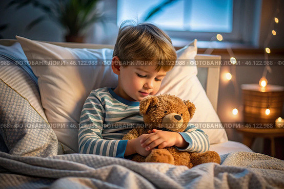 A cute boy hugs a teddy bear, sitting in a cozy bed, a small child hugs a toy and gets ready for bed. A healthy night's sleep. Стоковое AI-изображение, AI-художник Photojuli / Фотобанк Лори