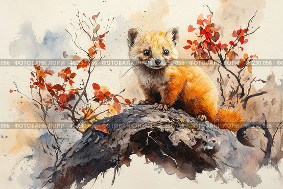 A cute fluffy marten or sable sitting on a thick, dry tree trunk. It has bright reddish-orange fur, expressive black eyes and a long fluffy tail. The background is done in autumn colors with tree branches covered with red and orange leaves. The picture conveys an atmosphere of coziness, warmth and wild nature. The animal looks curious, its gaze is directed forward, as if it notices something interesting. Стоковое AI-изображение, AI-художник Анна Кривицкая / Фотобанк Лори