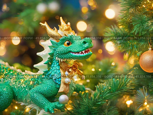 A cute green dragon, a symbol of the New Year according to the eastern calendar, near the Christmas tree. Christmas tree decoration. Festive atmosphere of the New Year, blurred background of multi-colored lights. Стоковое AI-изображение, AI-художник Сергей Елизарьев / Фотобанк Лори